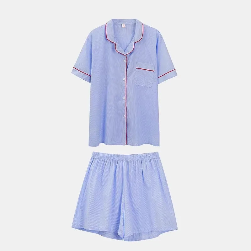 Women's Striped Solid Color Pajamas Short Sleeve Shorts Cardigan with Lapel Student Homewear Two-Piece Set Girl Sleepwear