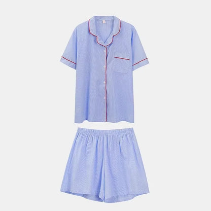 Women's Striped Solid Color Pajamas Short Sleeve Shorts Cardigan with Lapel Student Homewear Two-Piece Set Girl Sleepwear