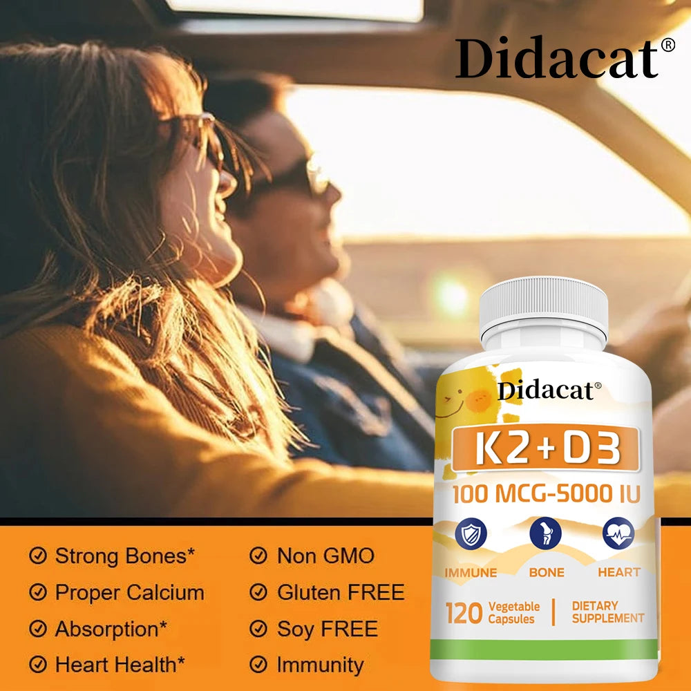 Vitamin K2 + D3 100mcg-5000IU Capsules - Dietary Supplement for Immune, Bone, Heart, Dental, and Cardiovascular Support