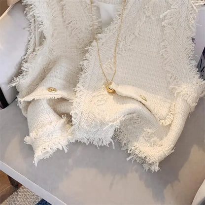 Chalecos Mujer French Fragrant Style Sleeveless Short Coat Black Tassel Vest Women Vintage Crop Top Colete Waistcoat  2024