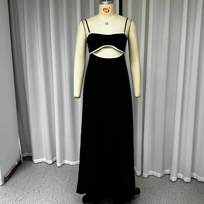 Wefads Maxi Dress Women Summer Casual Patchwork Suspender Sleeveless Hollow Out Backless Lace Up Loose Beach Long Dressses