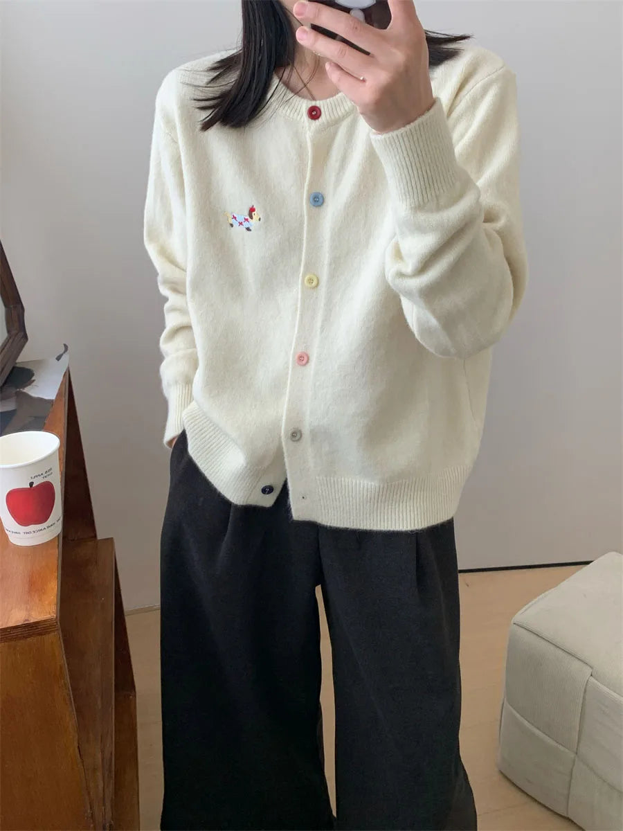 Women Knitwear Chic Embroidery Loose Casual Cardigan Autumn Winter Soft Elegant O-neck Sweaters Commute Basic Knitted Tops