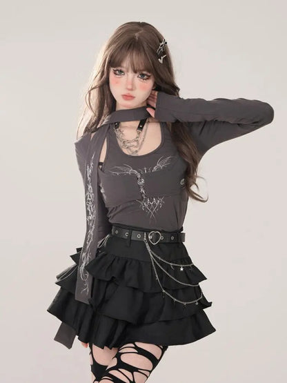 Women Black Gothic A-line Cake Skirt Vintage Y2k Skirt Aesthetic Harajuku Korean Elegant Kawaii Emo Skirts 2000s Trashy Clothes