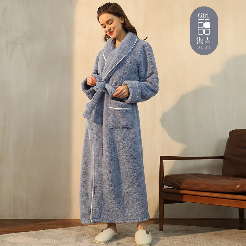 Men's Winter Bathrobe Long Sleeve Warm Turn Down Collar Man Fluffy Bath Robe With Sashes Solid Fleece Dressing Gown For Male Sea cyan female