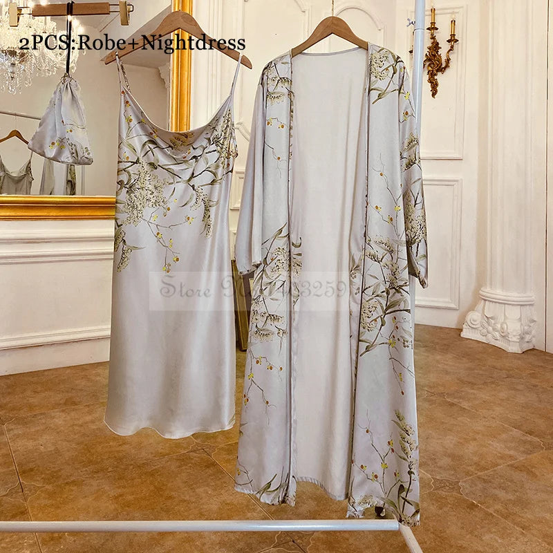 Four Pieces Pajamas Set Printed Little Cherry Sleepwear Women Satin Nightgown With Suspender Sling&Shorts Summer Home Clothes Gray Cherry B