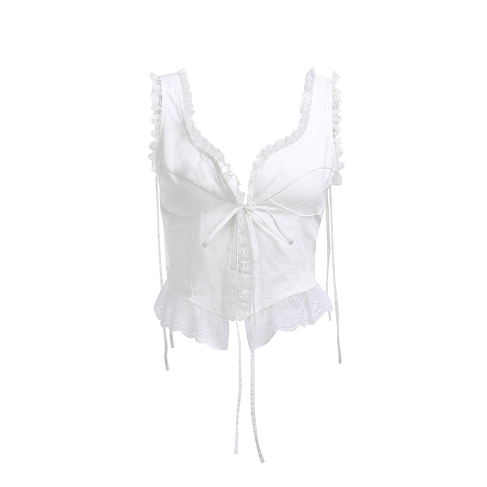 Fashion Summer Casual Lace Trim Tie Up Camisole Women Solid Color V Neck Sleeveless Tank Top Sexy Low Cut White Crop Top