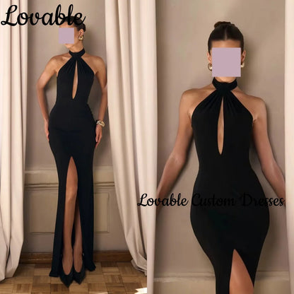Women'S Evening Dresses Customize Sheath Split Halter Floor-Length Formal Occasion Dresses Black Zipper Up Sleeveless Vestidos Badiee Stylez