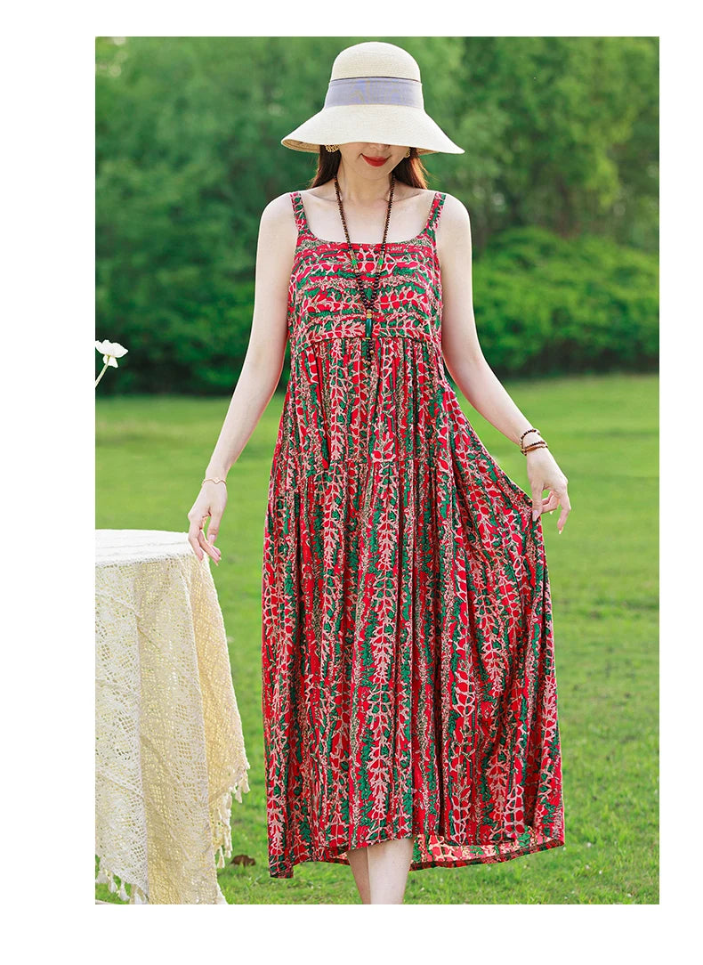 New Fashion Casual 2025 Summer Elegant Dresses For Women O-Neck Print Vintage Sleeveless Dress Loose Women Clothing