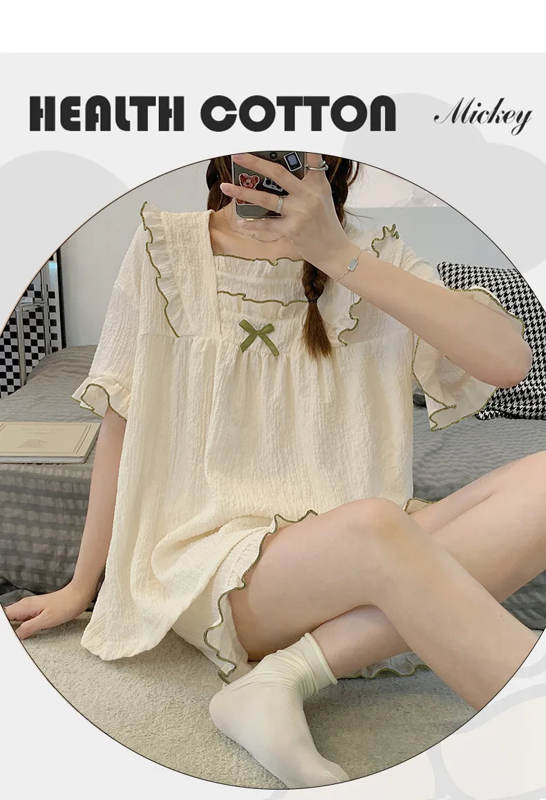 Pajamas Women's Summer Short-Sleeved Japanese Girls Solid-Coloured Breathable Large Size Bubble Cotton Casual Pajamas Homewear