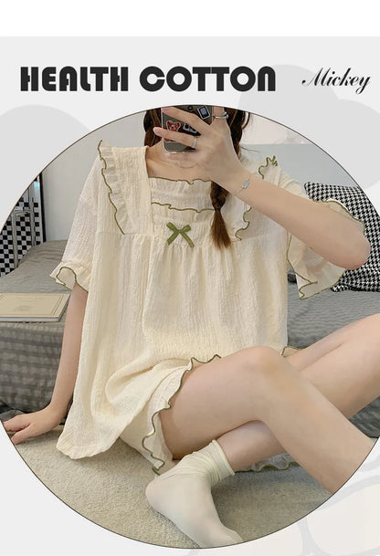 Pajamas Women's Summer Short-Sleeved Japanese Girls Solid-Coloured Breathable Large Size Bubble Cotton Casual Pajamas Homewear