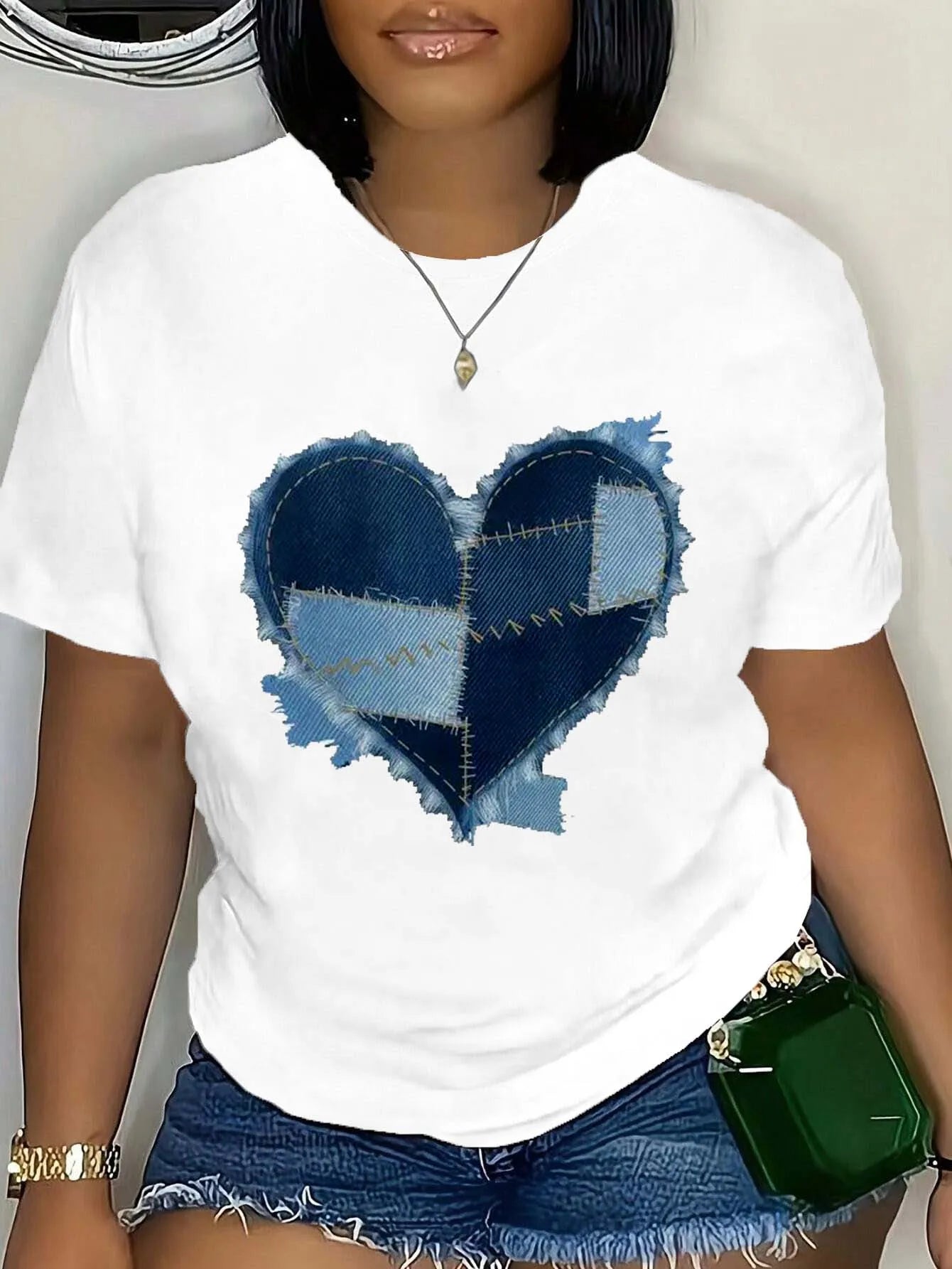 Plus Size Denim Heart Patchwork Tee Fashionable Plus Size Top With Unique Stitched Heart Design For Trendy Chic Looks WHITE