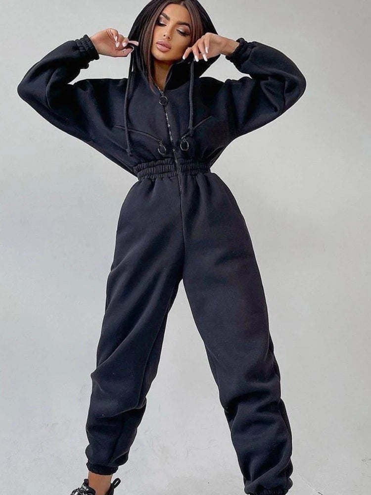 Autumn Women's Monochrome Long-Sleeved Jumpsuit Solid Color Zip-up Sportswear Female Winter Casual Tracksuit Fashionable Hoodies Badiee Stylez