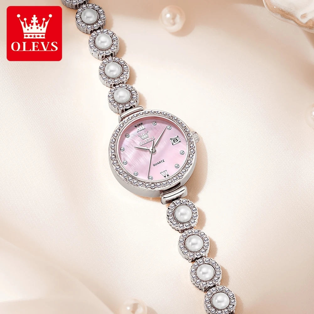 OLEVS 5635 Fully Diamond Pearl Hand Chain Watch Fashion Elegant Waterproof Women's Watches Original Quartz Wrist Watch for Women