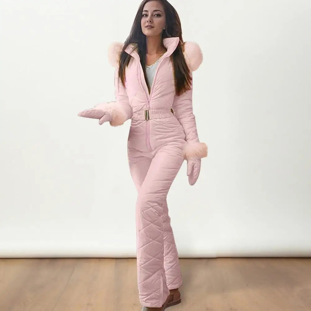 Women Winter Jumpsuit with Gloves Thickened Padded Snowsuit Hooded Windproof Outdoor Ski Outfit Ice Snow Warm Sports Jacket Badiee Stylez