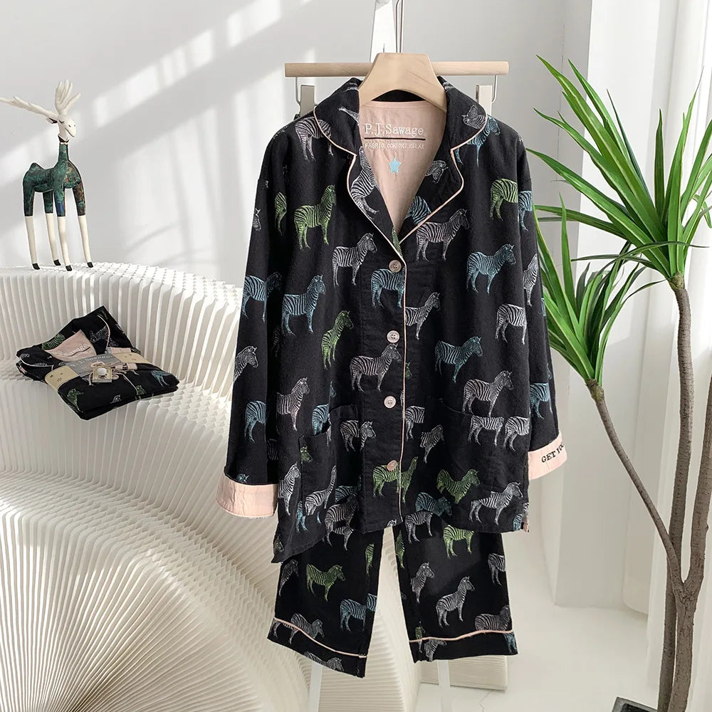 Women's Winter Pyjama Suit Print Long Sleeve Turn Down Collar Female Clothes 100% Cotton Single Breasted Sleepwear for Female