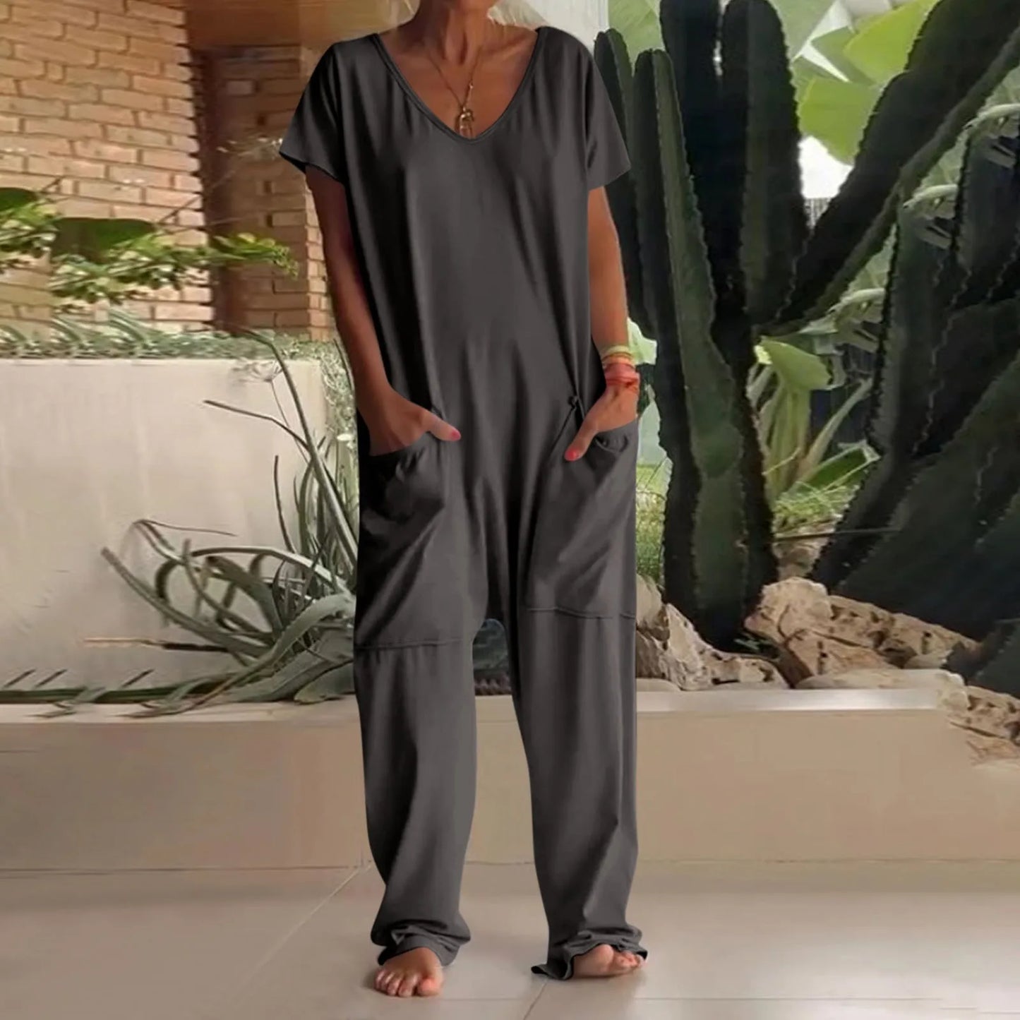 jumpsuit women Fashion Casual Short Sleeve Jumpsuits Loose and comfortable Pullover bodysuit With Pockets trend monos largos Badiee Stylez