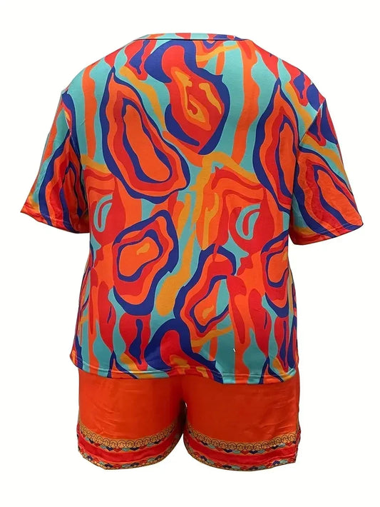 Plus Size 1XL-5XL Women Casual Colorful Abstract Print Pajama Set Short Sleeve Round Neck T-Shirt & Shorts Summer Loungewear