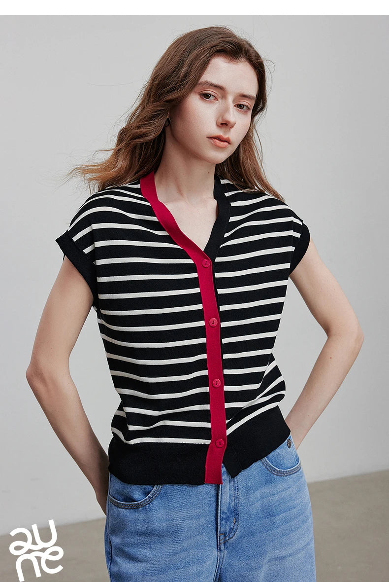 TOYOUTH Women Knitwear 2025 Summer New Short Sleeve Striped Contrast Color Pullover Tops 8523018