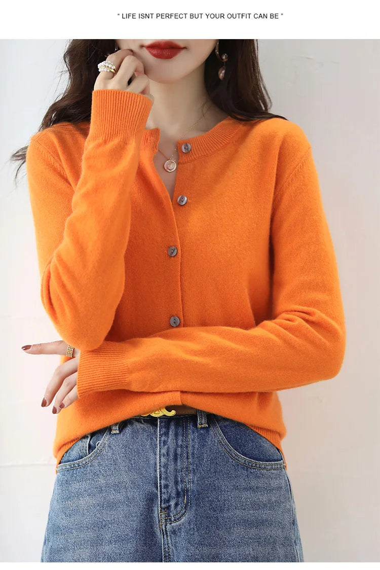 Knitted Cardigan Women's Sweater Autumn And Winter 2022 New Solid Color Coat Round Neck Short Long Sleeve Loose Korean Fashion