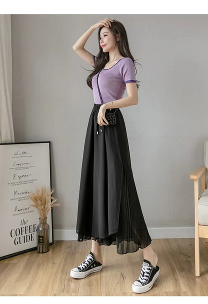 Women Pants Culottes Elastic Wide Leg Irregular Hem Double Layers Korean Trousers Summer Casual Loose Pleated Pants