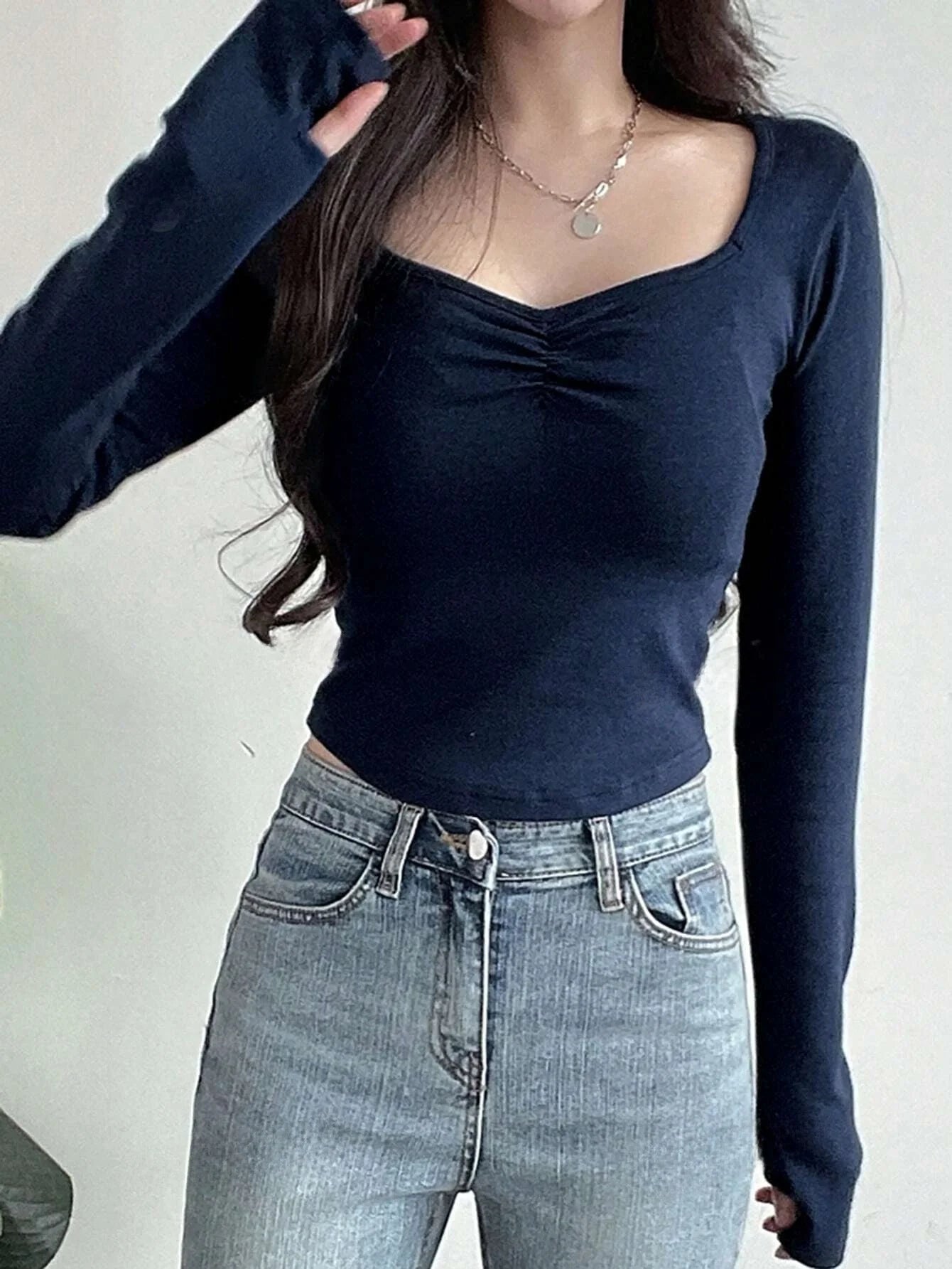 Women Long Sleeve Tops - Sexy Going Out Sweetheart V Neck Basic Shirts Tight Slim Fall Trendy Clothing