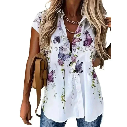 Plus Size 1XL-5XL Women Fashion Butterfly Print Blouse Shirt Ladies Spring and Autumn Casual Short Sleeve Buttons Blouse