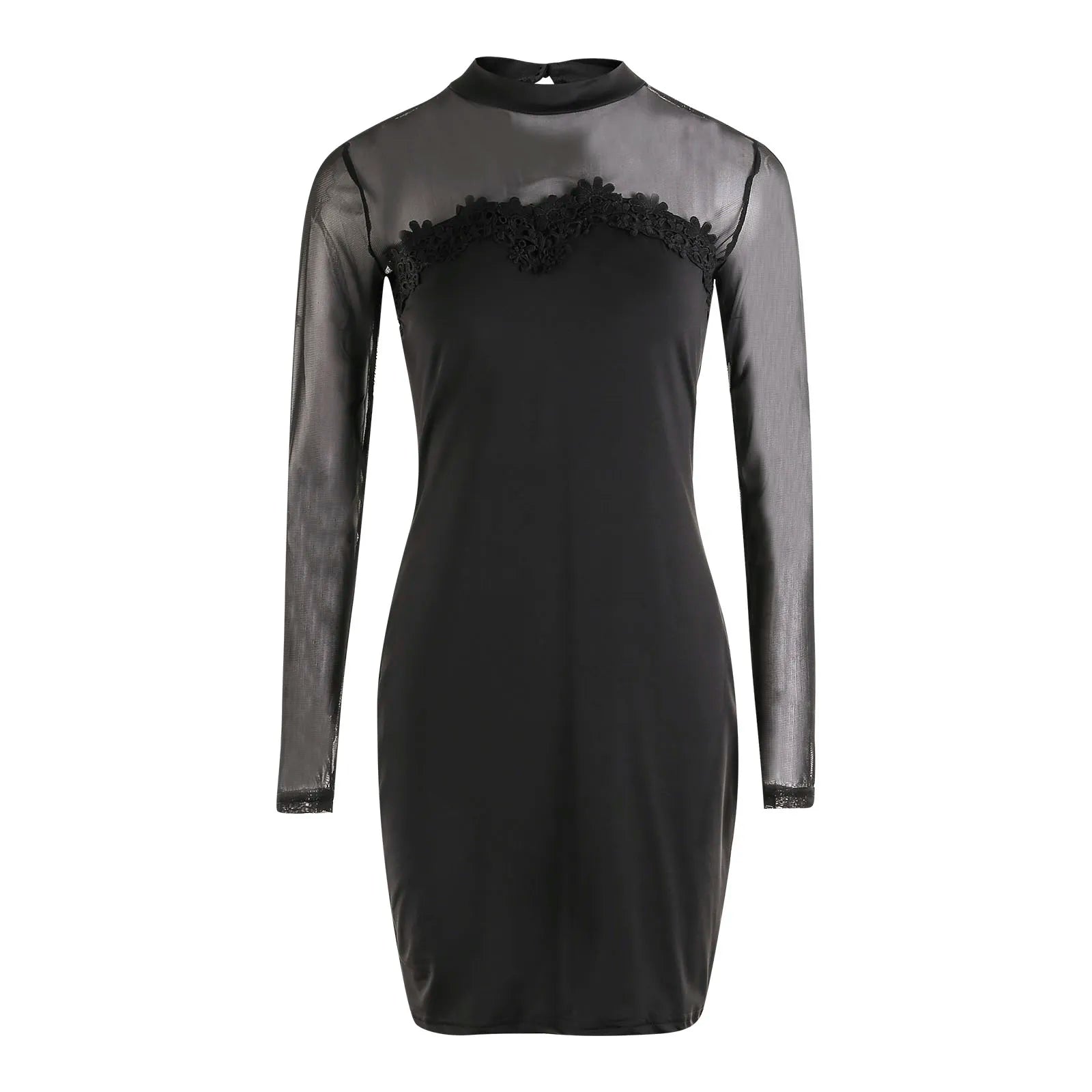 Women Hip Dress Solid Color Lace Mock Neck Long Sleeve See Through Mesh Dress for Cocktail Parties Bars Night Clubs black