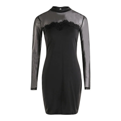 Women Hip Dress Solid Color Lace Mock Neck Long Sleeve See Through Mesh Dress for Cocktail Parties Bars Night Clubs black
