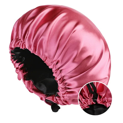 Adjustable Double Layer Satin Bonnet Nightcap Doubleside Women Round Shower Caps Night Sleep Polyester Hat Solid Black Lining Badiee Stylez
