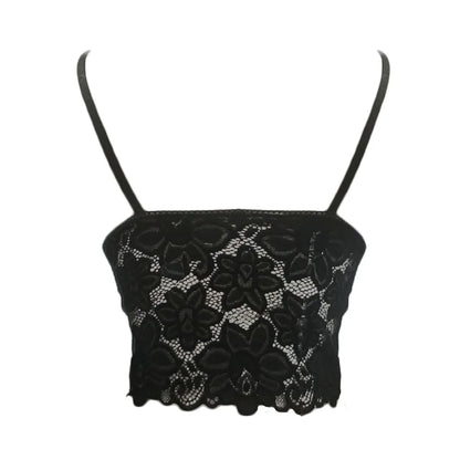 Sexy Lace Hollowing Mesh See Through Slim Backless Halter Crop Top Spaghetti Strap Sheer Embroidery Camisole Vest Corset