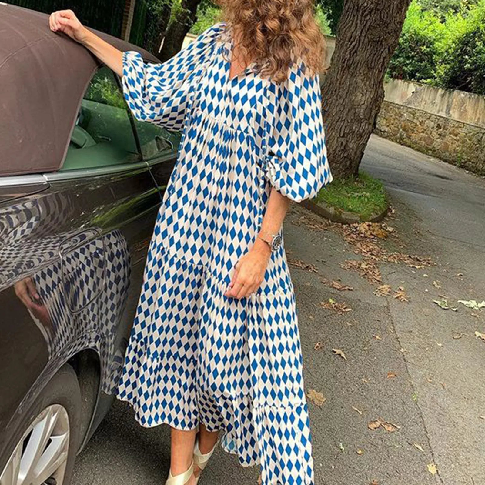 Puff Sleeve Boho Maxi Dress Elegant Women Summer 2022 Casual Floral Drawstring V-Neck Loose Holiday Beach Dresses Party Vestidos Badiee Stylez