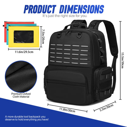 Tool Backpack Heavy Duty for Men Tool Storage With 3 Tool Pouches Organizer Electrician Plumber Maintenance Worker Tool Bags Black