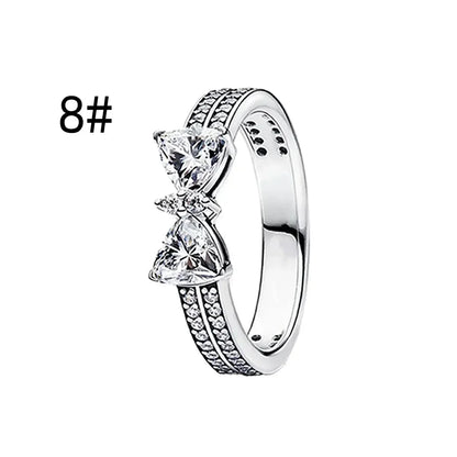 Fine Jewelry Pink Shining Bow Set Ring Earrings Bracelet Necklace Zircon Original 925 Sterling Silver DIY Women DIY Birthdy Gift AMC013004-8