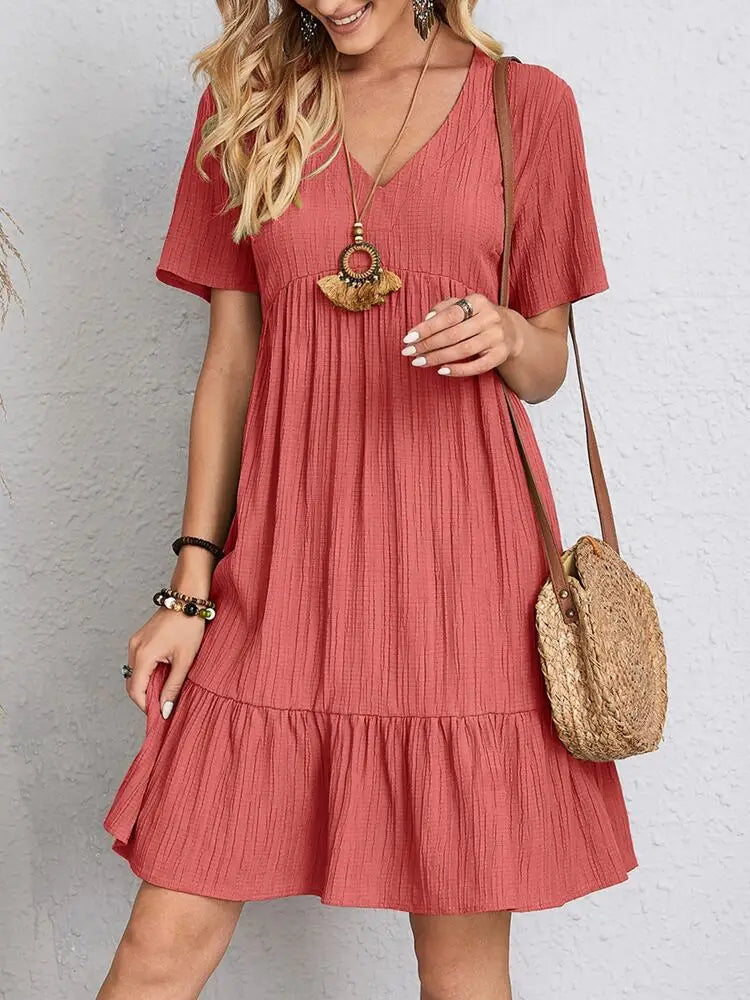Women Elegant Short Sleeve V Neck Ruffles Dress Summer Casual Solid Loose Mini Dress Chic Bohemian Sundress Beach Party Vestidos Badiee Stylez