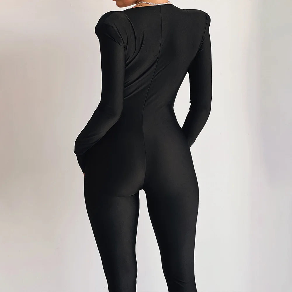 JUISSA MO Sexy Deep V-neck Ruched Women Jumpsuit Long Sleeve High Waist Playsuit Female Winter Bodycon Elegant Sporty Clothing Badiee Stylez