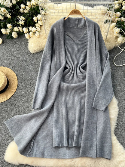 SINGREINY Autumn Knitted Two Pieces Sets Ladies Loose Knitting Cardigan+Spaghetti Strap Bodycon Dress Basic Solid Winter Suits Badiee Stylez