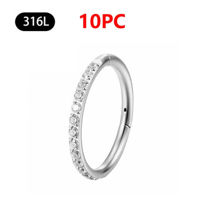 1/10Pc Stainless Steel Nose Ring CZ 16G Hinged Septum Clicker Segment Ear Tragus Cartilage Daith Lip Nose Body Piercing Jewelry 10Pc Silver Zircon