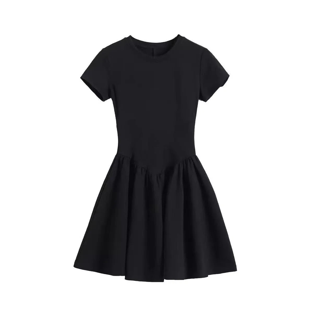 Women's Petite Black Summer Dress Round Collar Short Sleeve Slimming A-Line Mini Streetwear French Elegant LBD for Juniors Black