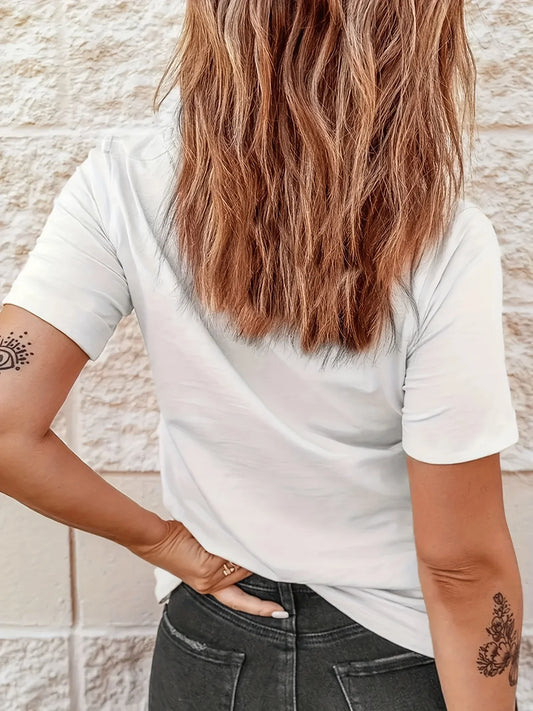 Short Sleeve Crown Letter Print Crew Neck T-Shirt for Spring & Summer Casual Women's Clothing