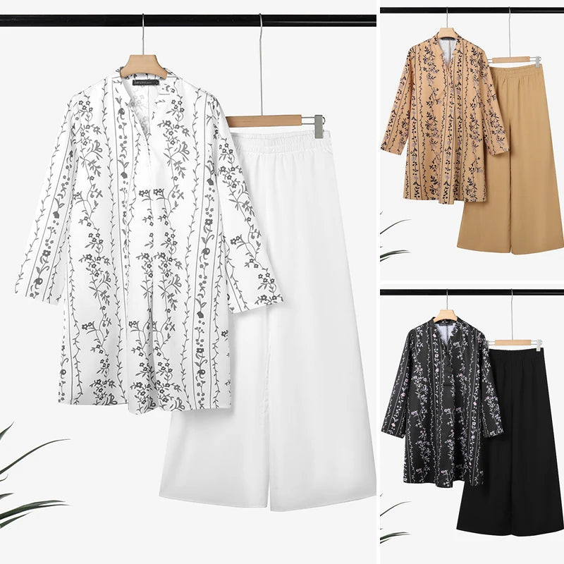 2025 ZANZEA Fashion Autumn Long Shirt Pant Suits Women Outfts 2 Piece Sets Long Sleeve Printed Tops Trousers Casual Tracksuits Badiee Stylez