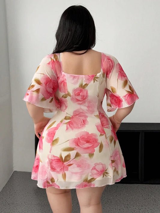 Plus Size Romantic Floral Pink Yellow Ruffle Sleeve Dress Short Sleeve V Neck Waistband Fitted Tiered