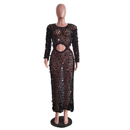 Joskaa Fishnet Knitting Hollow Sequins Maxi Dress Sexy See Through Holiday Long Sleeve Slim Summer 2023 Vacation Beach Dresses