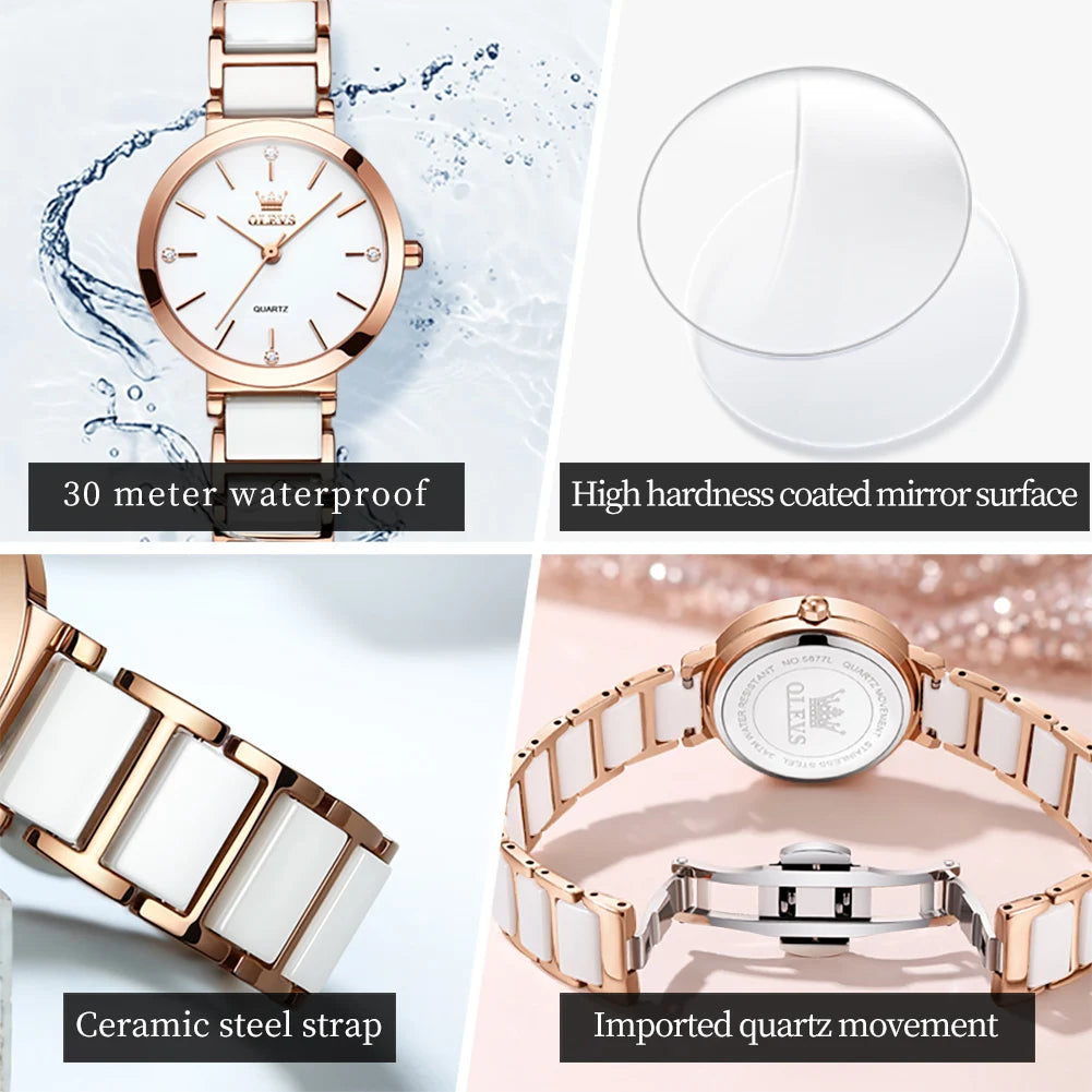 OLEVS 5877 Japan Quartz Movement Woman Watch Simple Elegant Luxury Rose Gold Ceramics Strap Waterproof Ladies Dress Wristwatch