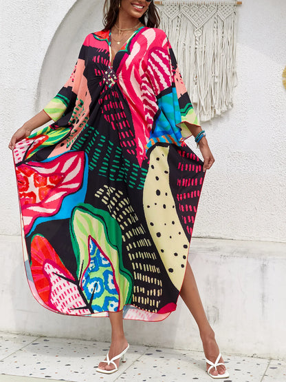 Plus Size Women Floral Print Kaftan Dresses Plus Size Swimsuit Coverup Summer Bathing Suit Caftan Loungewear Beach Dress