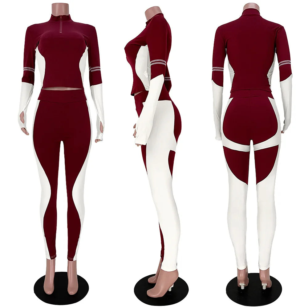 Y2K Color Matching Women'S Set Sweatsuit Two Piece Outfits Ladies' Standing Collar Sports Suit Slim Fit Long Sleeved Long Pants Badiee Stylez