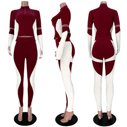 Y2K Color Matching Women'S Set Sweatsuit Two Piece Outfits Ladies' Standing Collar Sports Suit Slim Fit Long Sleeved Long Pants Badiee Stylez