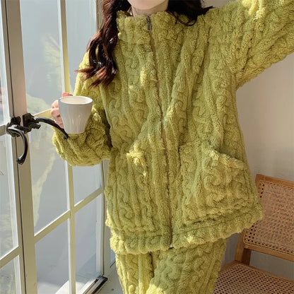 Large Size Flannel Pajamas Set Autumn Winter Female Sleepwear Trouser Suit Thicken Coral Fleece High Collar Lounge Wear Homewear Green Pajamas Set