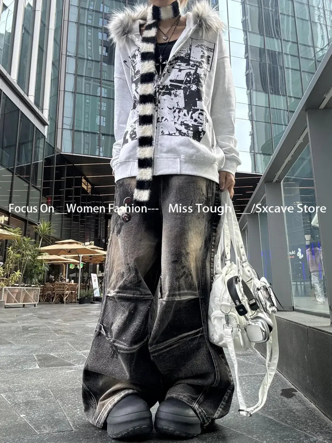 Korean Fashion Sweatshirts Harajuku Gothic Printed Coats Jackets Subculture Vintage Faux Fur Hooded Women Casual Y2k Clothing