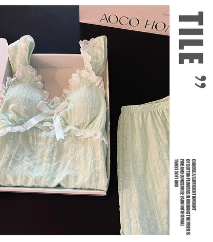 Summer Sexy Strap Spwear Women's ort Pants Loose Fit Home Clothes Set with Chest Pad 2024 New Tread Cotton Thin Woven