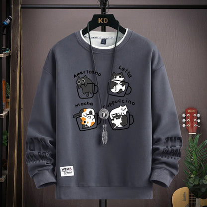 Spring Men's Sweatshirt Japan Cartoon Cats Printed Long Sleeve T-shirt Fashion Men's Clothing Khaki O Neck Harajuku Top 2024 New